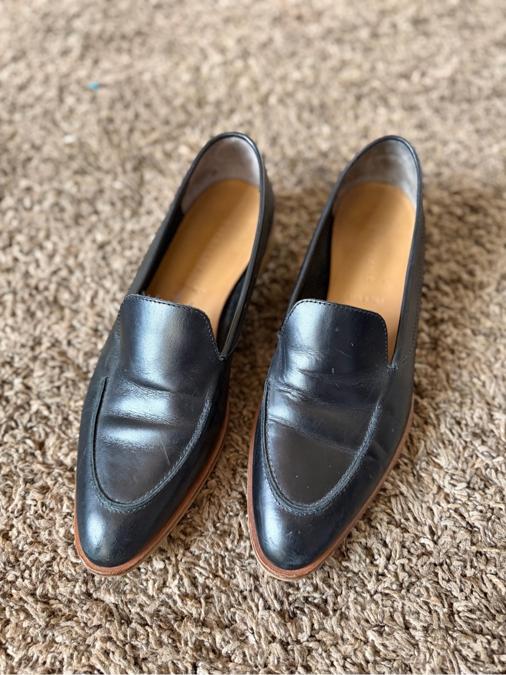 Everlane Black Leather Slip-On Loafers with Brown Trim